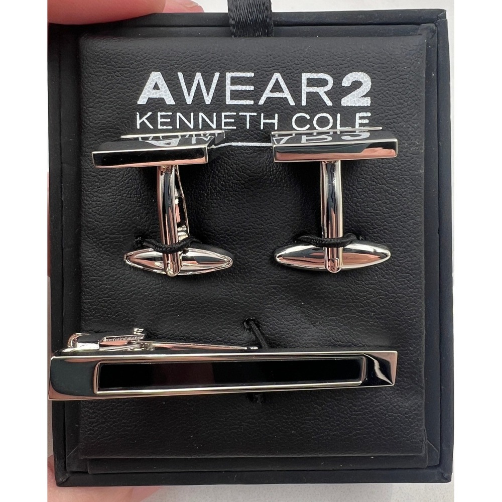 AWEAR2 Kenneth Cole Cufflinks & Tie Bar Set Men's Men's Silver Black NIB